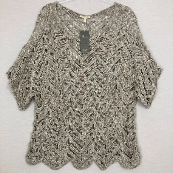 New Eileen Fisher Light Gray Open Knit Cotton Wonder Scallop Sweater 3X